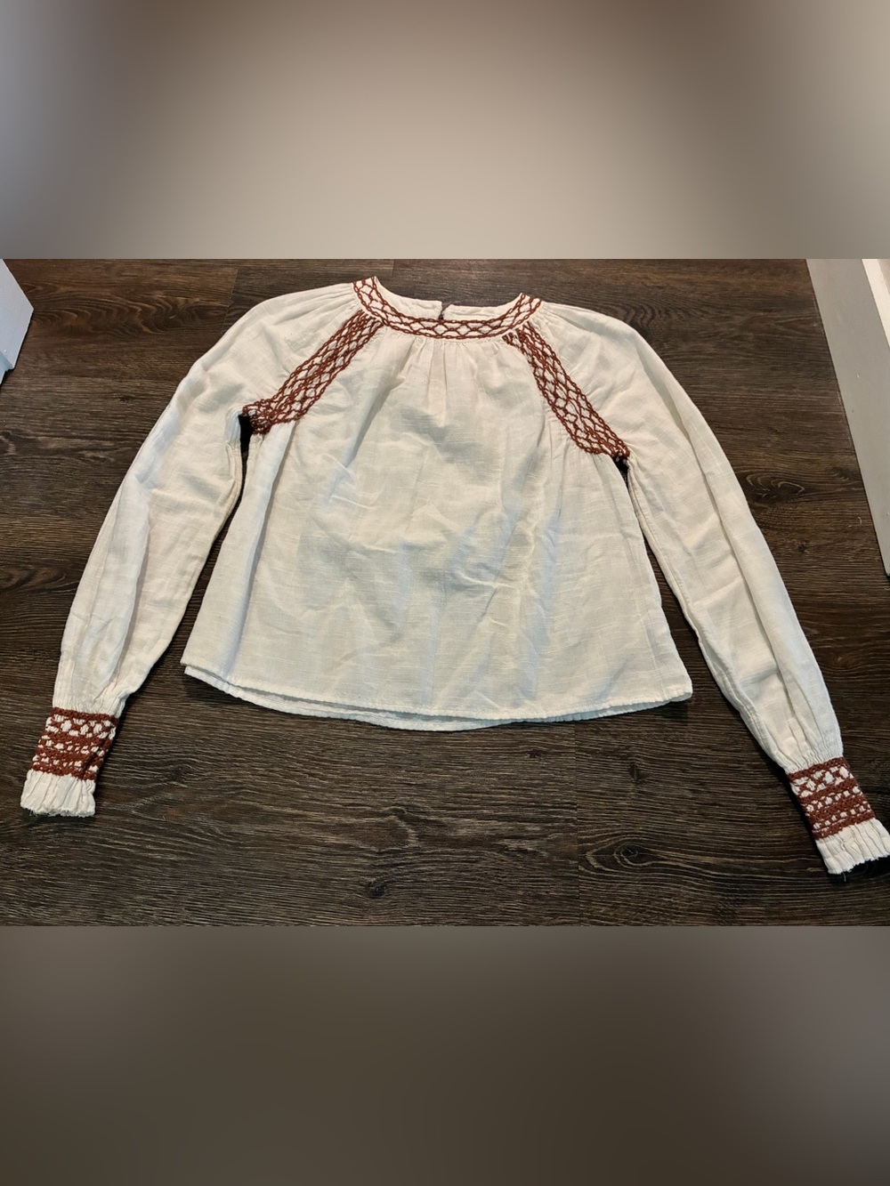 Faherty Cream Long-Sleeve Peasant Top with Brown Crochet Accents